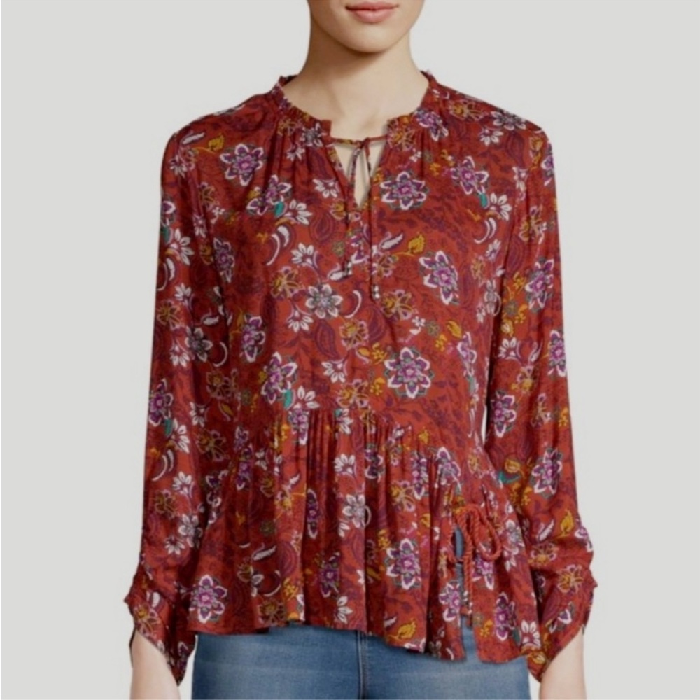 Time & Tru Spiced Cider Floral Blouse w/ tassels babydoll style EUC